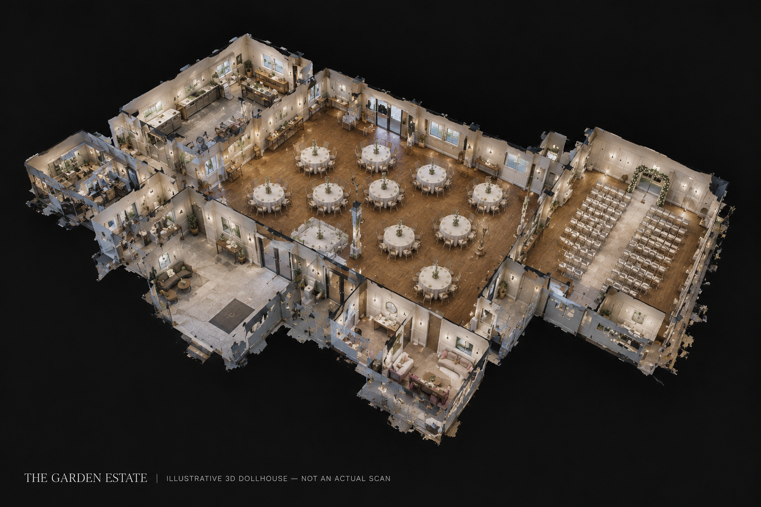 Conceptual 3D dollhouse illustration for The Garden Estate, not an actual scan