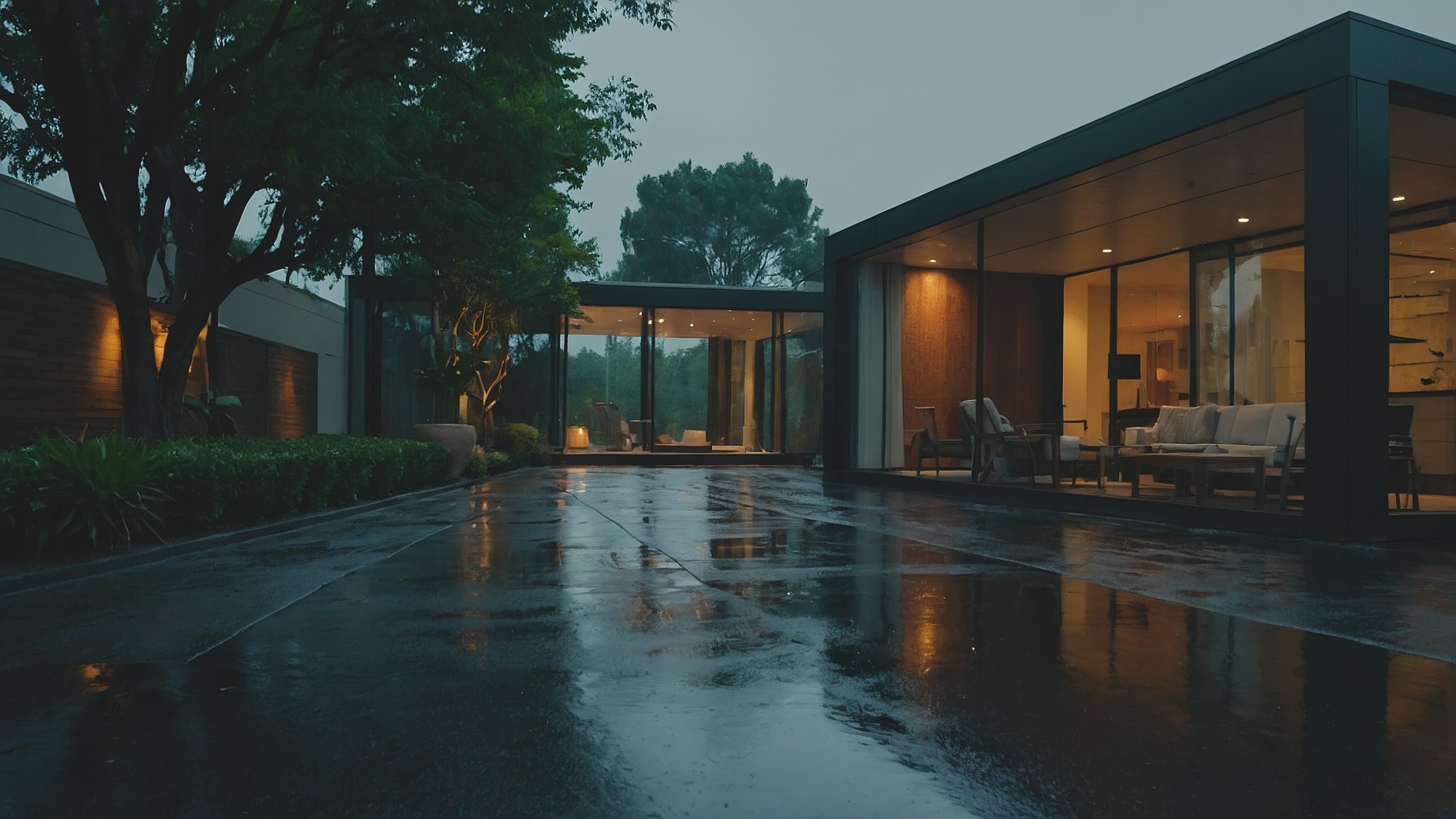 A modern house at dusk after rain