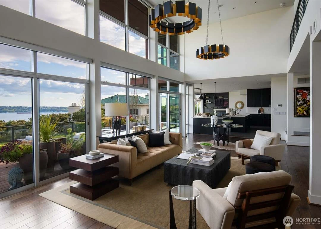 Double-height great room opening onto the terrace