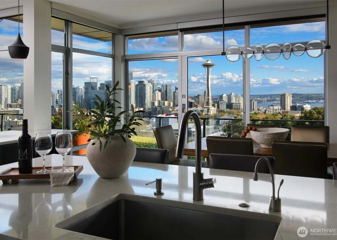 Kitchen island with skyline views